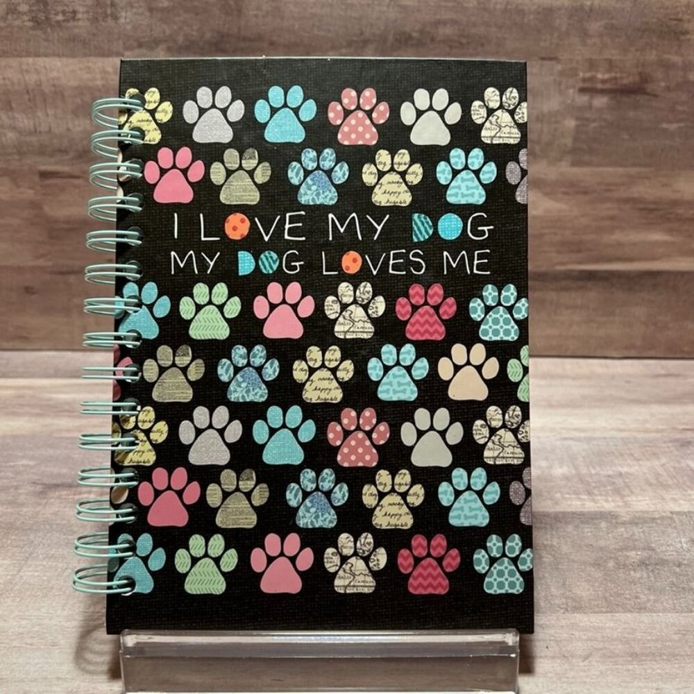 Chasing Baxter Dog Lovers Spiral Notebook With Multi-Colored Paw Prints Design